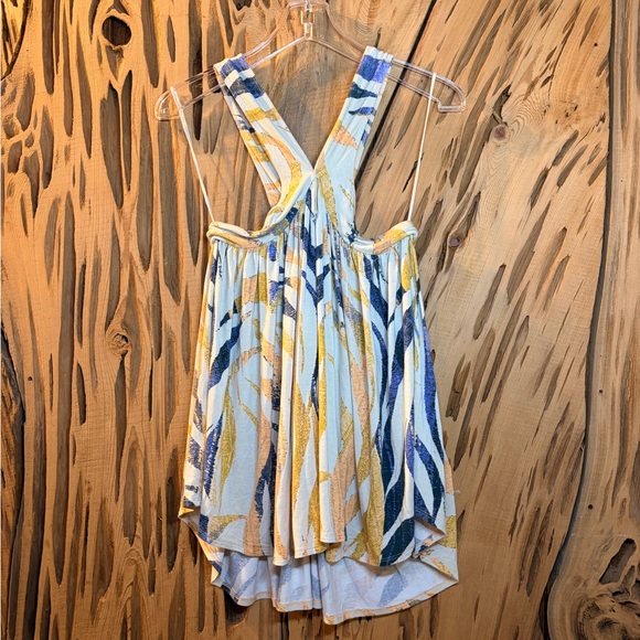 Free People We the Free Milly tank top yellow blue print flowy v neck. Size: M - Picture 4 of 5
